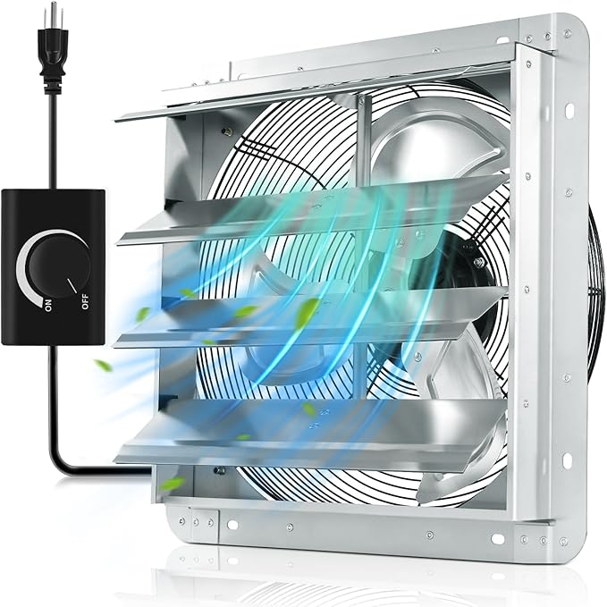 YOZON 16" Shutter Exhaust Fan with Speed Controller, Wall Mounted Wall Exhaust Fan, Automatic Shutter, High Speed, 1940CFM, Vent Fan for Garage, Greenhouse, Shed, Warehouse and Workshop - Silver