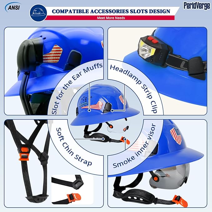 Full Brim Hard Hats Construction OSHA Approved with Visor-Vented Hard Hat with Neck Gaiter with Ear Loops,Safety Hard Hats for Men with Chin Strap ANSI Z89.1 Type 1 Class C,6-pt Suspension