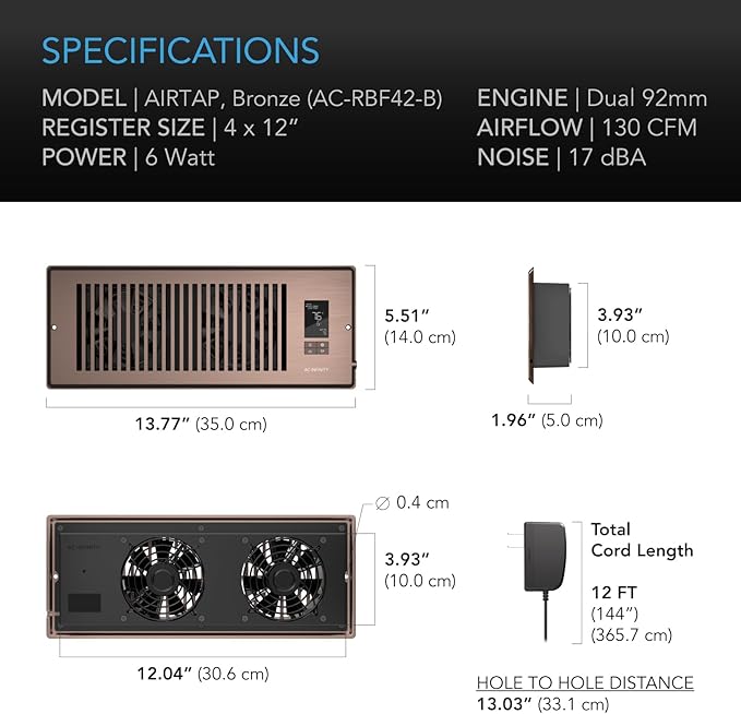 AC Infinity AIRTAP T4 Bronze, Register Booster Fan for 4” x 12” Register Holes, Improves Heating & Cooling Vents, Quiet 10-Speeds, Bluetooth App Control Data Alerts. ONLY FITS 4” x 12” Duct Openings