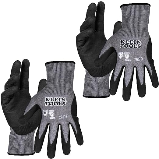 KLEIN TOOLS 60586 Work Gloves, Knit Dipped Cut Resistant ANSI A2 Nitrile Coated Gloves, HPPE Fabric, Touchscreen Capable, X- Large, 2-Pair