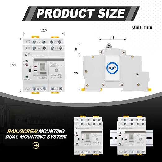 63Amp 110V AC Mini ATS Automatic/Manual Transfer Switch, 4Pole G2R Solar Auto Dual Power Changeover Switch for Home, Din Rail Mounted 50/60Hz CE Certified for Rv, Lv, Cn Public/Backup Power