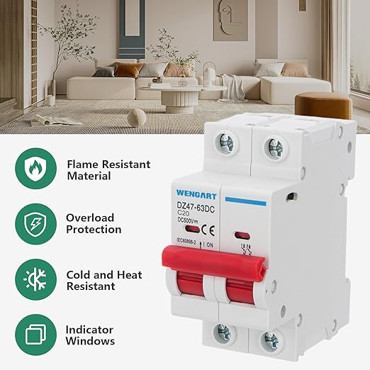 Wengart DC Miniature Circuit Breaker DZ47-63Z,500V 2 Poles 20A,Work for Battery and Solar PV Systems and Other DC Systems, DIN Rail Mount,Disconnect Switch