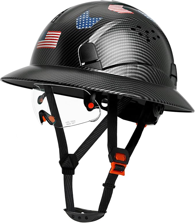 Carbon Fiber Pattern Full Brim Hard Hat with Visor-OSHA Approved Construction Safety Helmet for Men Women,ANSI Z89.1 Vented Reflective Hardhat with Hard Hat Chin Strap,6-Point Suspension