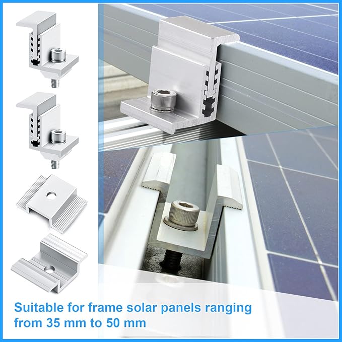 1.06 Inch Solar Panel Bracket Aluminum Solar Mid Clam with Mounting Brackets 32-50 mm Clamps Adjustable End Panel Clamps(56 Pieces)