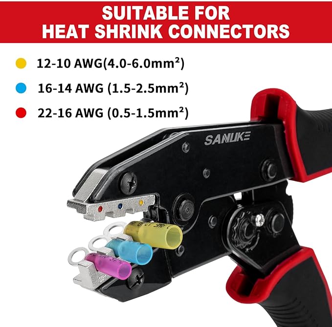 Sanuke Ratchet Crimping Tool for Heat Shrink Connectors (AWG 22-10), Wire Terminal Crimper for Insulated Nylon Connectors, Crimping Pliers for Electrical Repairs, Auto Wiring & Home Projects