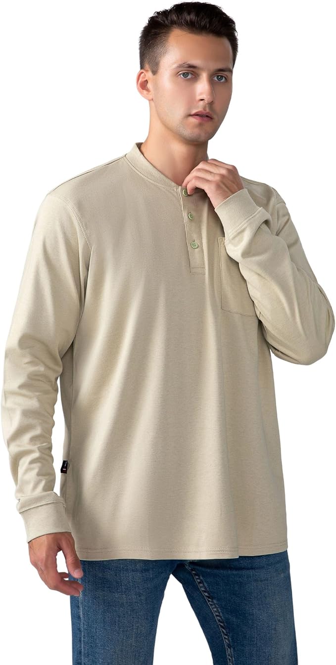 FR Henley Shirts for Men Flame Resistant Lightweight Welding 6.5oz 100% Cotton CAT2 Long Sleeve Fire Retardant FRC Clothing