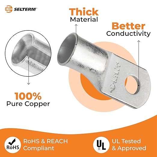 SELTERM 5pcs 2/0 AWG 5/16" Stud Tinned Copper Wire Lugs, Battery Lugs, Ring Terminals, Battery Cable Ends, 00 Gauge Ring Terminal Connectors, UL Marine Grade Electrical Battery Terminal Connectors
