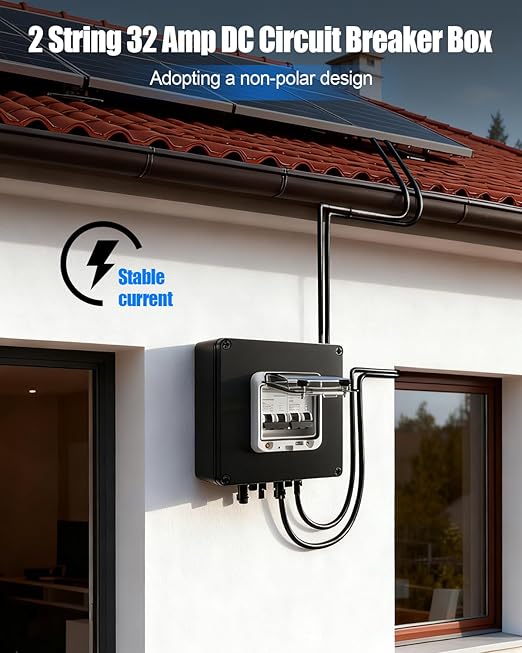 Solar Panel Disconnect Switch, 32A 1000V DC Circuit Breaker Box, 2 String PV Disconnect 2 in 2 Out, IP67 Waterproof Solar Isolator with MC4 Connectors for PV Array, Off-Grid & On-Grid Systems