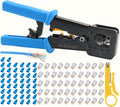 RJ45 Crimping Tool Ethernet Crimper for Cat6 Cat5 Cat5e RJ45 Pass Through Connectors and R11/RJ12 Regular Ends with 50Pcs Connectors, 50Pcs Covers and Mini Wire Stripper