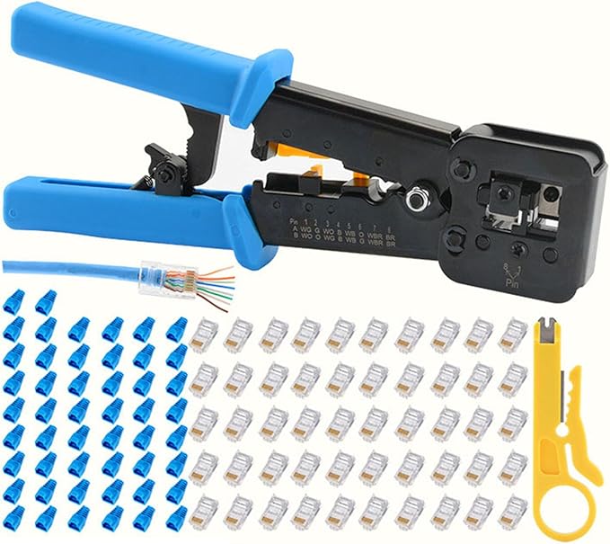 RJ45 Crimping Tool Ethernet Crimper for Cat6 Cat5 Cat5e RJ45 Pass Through Connectors and R11/RJ12 Regular Ends with 50Pcs Connectors, 50Pcs Covers and Mini Wire Stripper