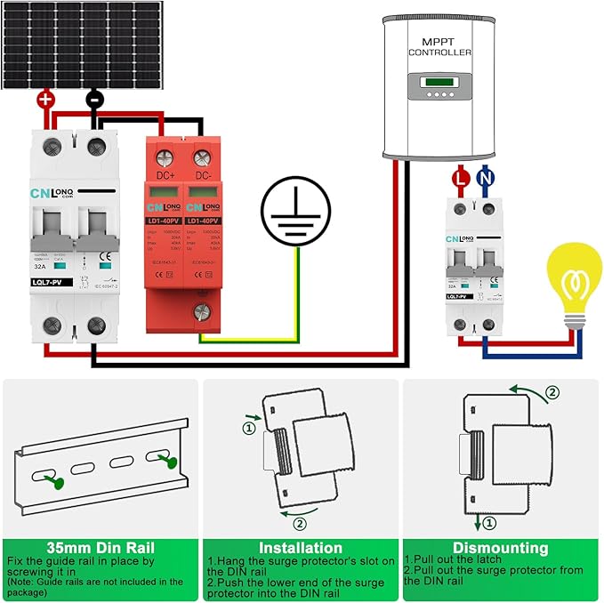 2P 40KA Voltage Surge Protector DC 1000V Solar PV Lightning Arrester Device for Rv, Home Lightning Protection System 35mm DIN Rail Mount