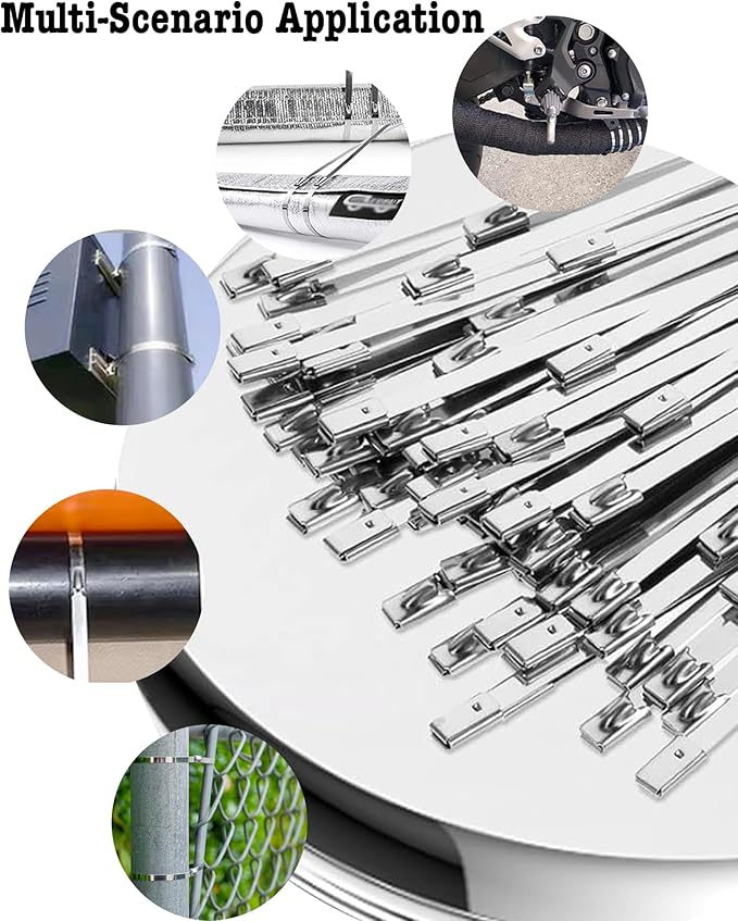 50Pcs Metal Zip Ties 11.8 inch 304 Stainless Steel Zip Ties, Heavy Duty Multi-Purpose Self-locking Metal Cable Ties for Machinery, Vehicles, Exhaust Wrap, Farms, Pipes, Roofs, Cables & Outdoor Fence