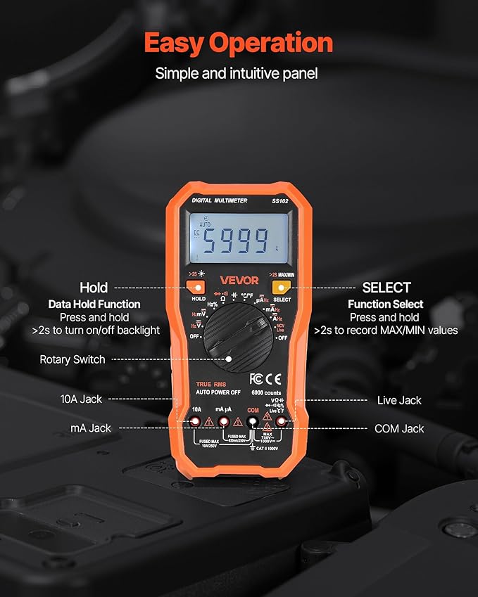 VEVOR Digital Multimeter, 6000-Count TRMS DC/AC Voltmeter Current Tester, Professional NCV Multimeter for Current Voltage Resistance Capacitance Duty-Cycle Tempetature Diodes Continuity Live Wire Test