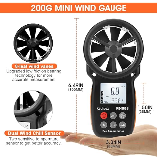 Kethvoz Anemometer, Digital Wind Speed Meter & CFM Air Flow Tester - Handheld Device to Measure Wind Velocity, Temperature, CFM for HVAC, Drone Flying, Sailing, Hunting