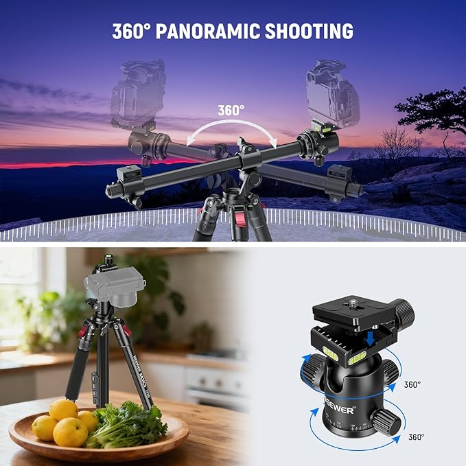 NEEWER Basics 64.5" Horizontal Overhead Tripod Monopod for Dual Camera Aluminum Travel DSLR Camcorder Stand with Cell Phone Holder Compatible with iPhone for Video Recording, 22lb/10kg Load, TP66