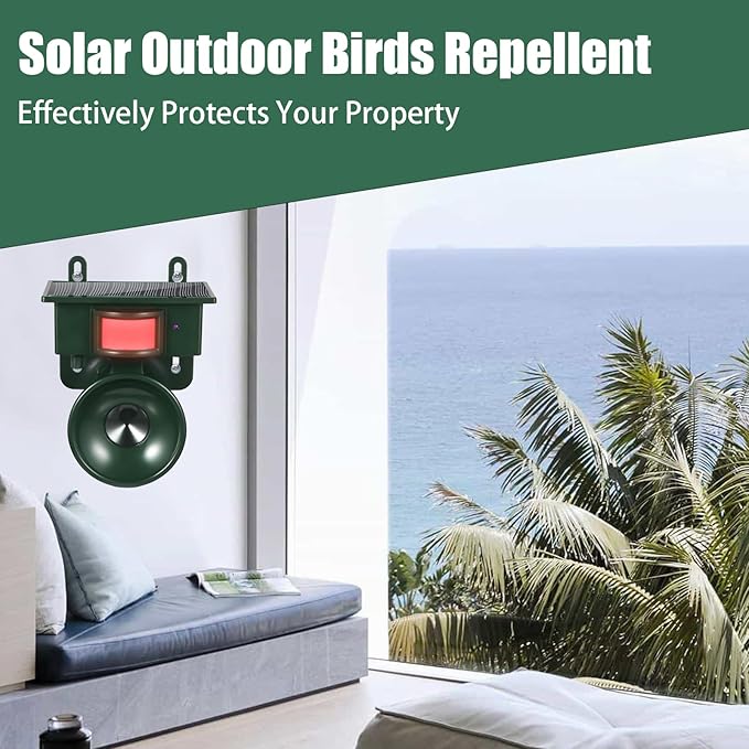 2026 Upgraded Ultrasonic Bird Repeller Solar Powered Outdoor IP65 Motion Activated Bird Pigeon Deterrents for Outside Woodpecker Goose Repellent Devices for Rooftops Porch Patio Balconies