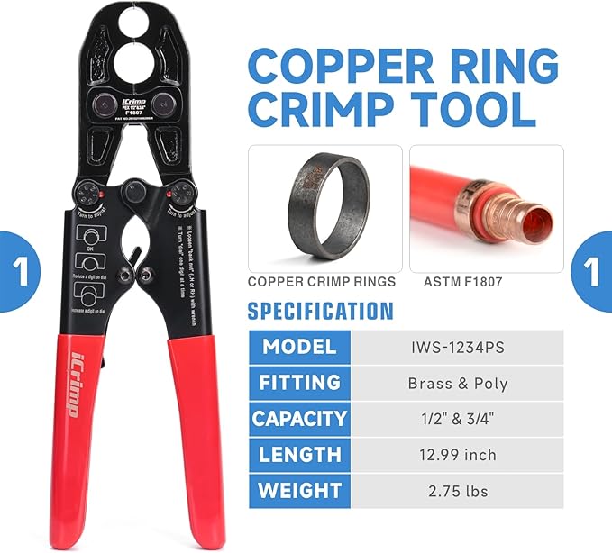 iCrimp PCKIT-1234PS PEX Crimping Tool Kit with PEX Tubing Cutter, PEX Crimper, PEX Removal Tool for 1/2-in and 3/4-in PEX Copper Crimp Rings