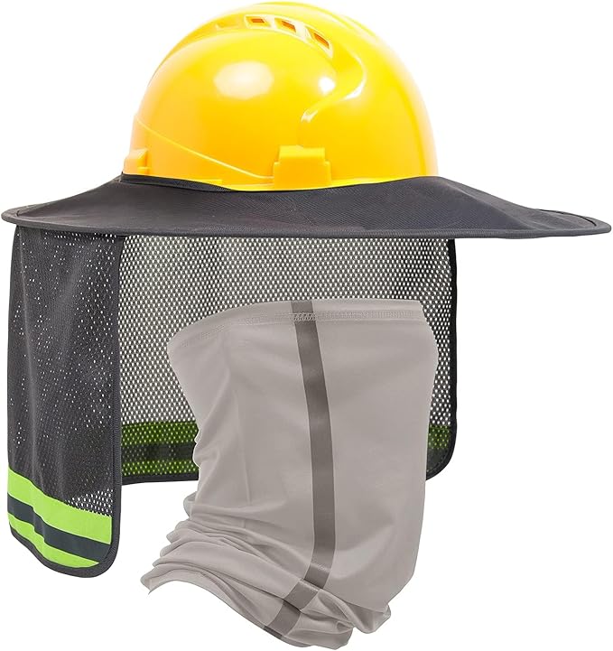 TCCFCCT Hard Hat Shade, Full Brim Mesh Neck Sun Shield, High Visibility Neck Protection & Bandana Headband Face Scarf, Hard Hat Accessories, 2 Pack, Grey