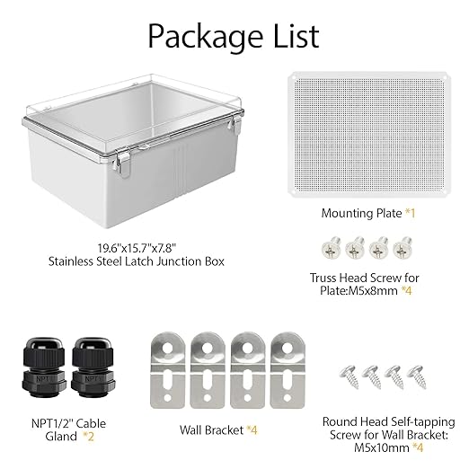 LeMotech Electrical Box, IP67 Waterproof Hinged Clear Cover Stainless Steel Latch Junction Box, ABS Plastic Electrical Enclosure with Mounting Plate,Wall Brackets, Cable Glands,19.6"x15.7"x7.8",Grey