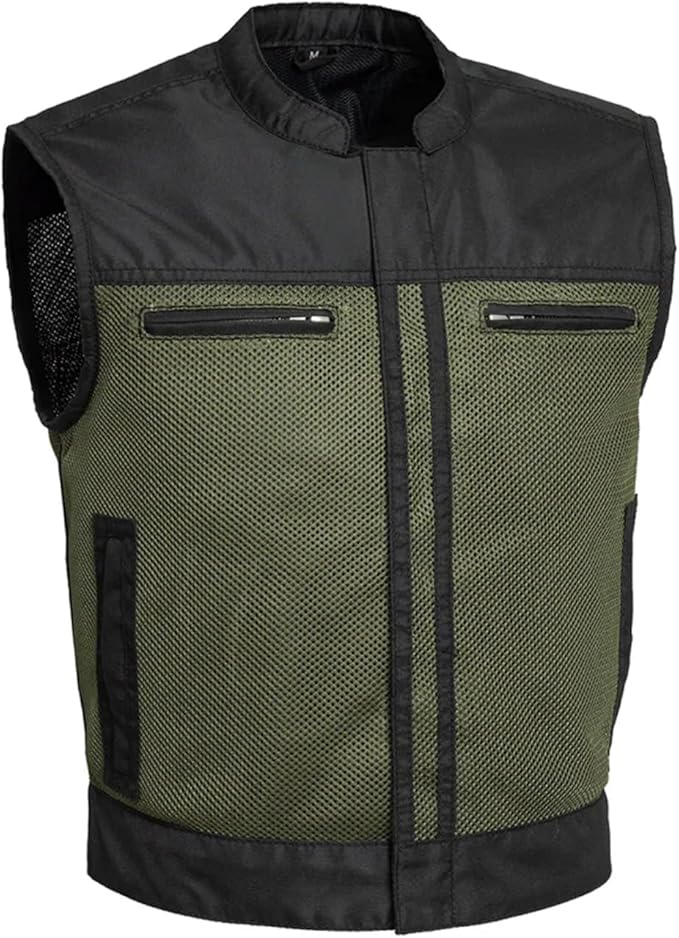 First Mfg Co Lowrider Mens Motorcycle Biker Riding Armor Club Style Black Leather, Twill, Moto Mesh, Perforated Vest