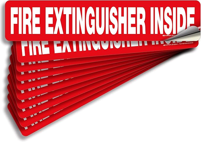iSYFIX Fire Extinguisher Inside Sticker Sign – 10 Pack 12x2.5 Inch – Self-Adhesive Vinyl Decals, Laminated for UV, Weather, Scratch, Fade Resistance, for Cars, Trucks, Trailers, Rv's and Vehicles