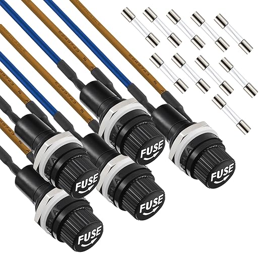 5 Pack Panel Mounted Fuse Holder 6x30mm Screw Cap Fuse Holder 250V AC 10A 125V AC 15A 12V DC Fuse Holder with Pre-Soldered Wires and 10A/15A Fast Blow Glass Fuse kit(6 * 30mm)