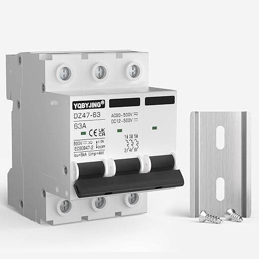 DC Circuit Breaker 63 Amp Solar Panel Disconnect Switch 12V-500V 3 Poles Miniature Solar Circuit Breaker for Outdoor PV Homes Battery, AC 110V DIN Rail MCB