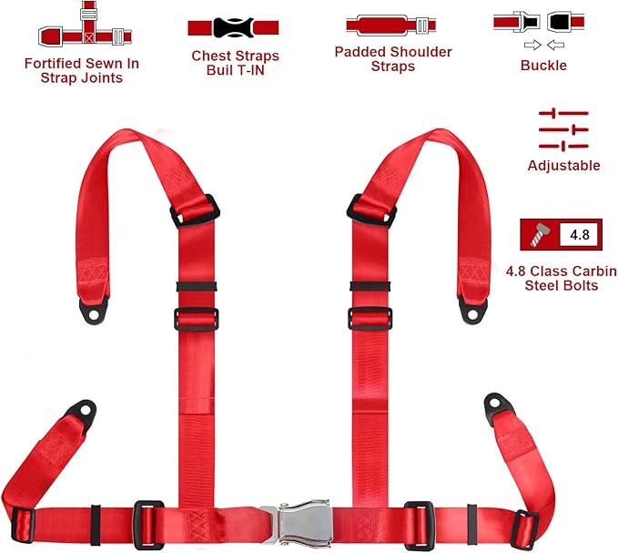 Yakitoko Universal 4 point Safety Harness Set 2" Fits Go Kart,UTV,ATV,Racing Red