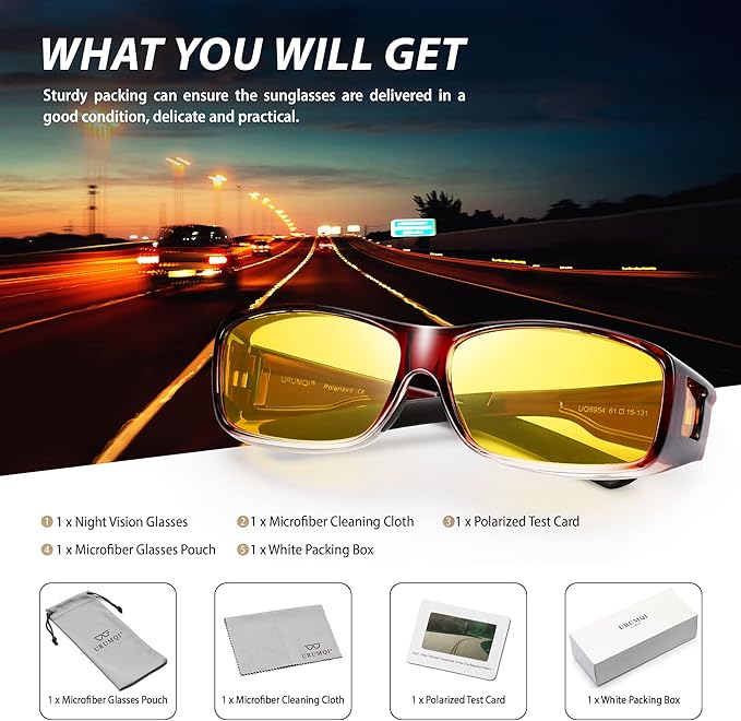 URUMQI Night Vision Driving Glasses Fit Over Eyeglasses for Men Women, Anti Glare Polarized Nighttime Glasses Yellow Lens