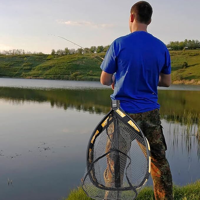 PLUSINNO Fishing Net Fish Floating Landing Net, Kayak Nets with Fixed Foldable Telescopic Pole Handle, Bass Trout Fishing Nets with Nylon Mesh for Pond Lake River, Fishing Gear Gifts for Men Anglers