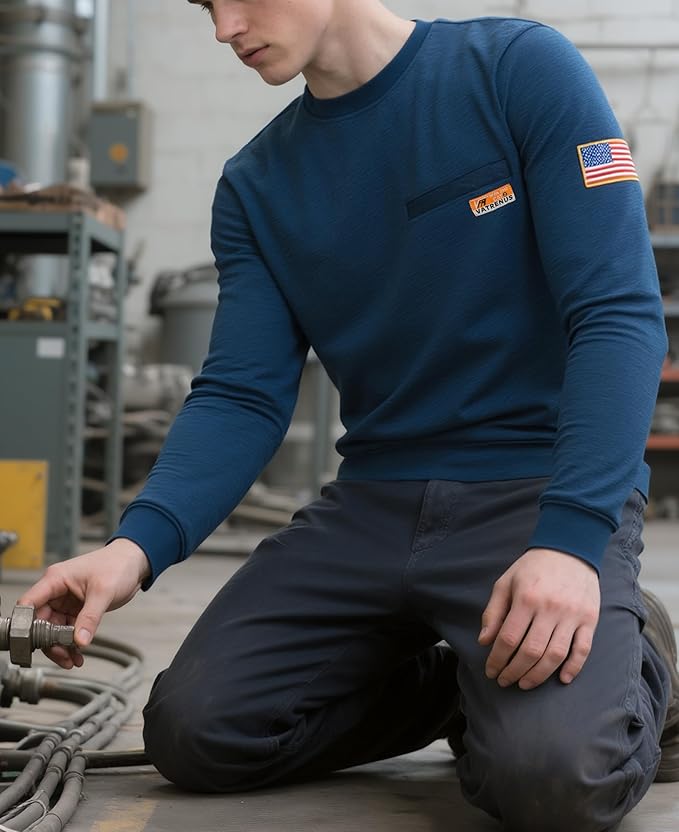 VATRENUS FR Shirt for Men Crewneck Midweight Utility Pocket Fire Resistant Long Sleeve Work Shirts NFPA2112 CAT2