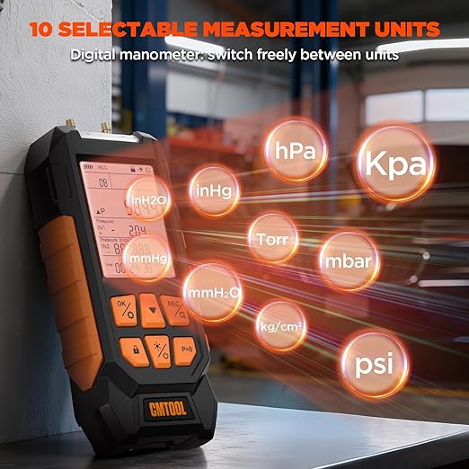 Manometer Gas Pressure Tester, Digital Manometer, -100-200Kpa, 10 Units Differential Pressure Gauge, Max/Min/Data Storage, 2-Port Tester for HVAC/Automotive Brake/Industrial/Lab Calibration (Regular)
