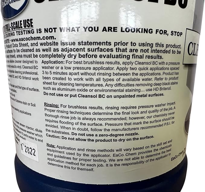EaCo Chem Cleansol BC - Brushless Oxidation and Soil Remover for Most Surfaces - Highly Dilutable, All-Purpose Cleaner - Remove Deep Staining from Painted Metal, Wood, Vinyl + More! - 1 Gallon