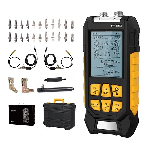 Brake System Pressure Tester with 11 Adapters, 3 Units Switch, Magnetic Back, Smart Alarm Notification, Dual-Port Digital Brake Pressure Tester, 10-21000Kpa, PT660