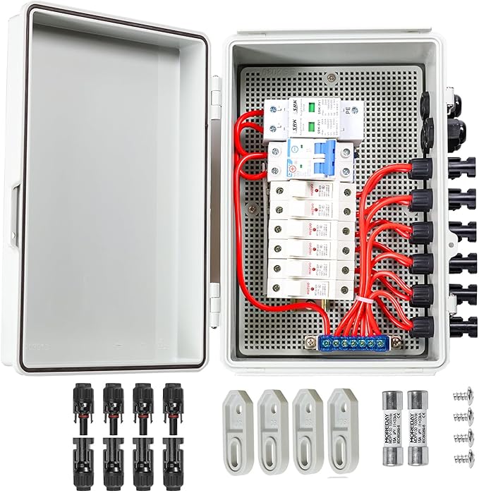 Combiner Box for Solar Panels Pv Combiner Box Solar Combiner Box with 4 String 15A Rated Current Fuse Surge Protective Device and 63A Air Circuit Breaker for On/Off Grid Solar Panel System