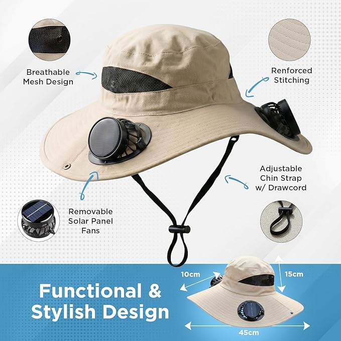 Solar Fan Hat with 2 Removable Fans, Wide Brim Sun Hat USB & Solar Powered for Outdoor Fishing, Camping, Hiking, Gardening, UPF 50+ Sun Protection, Desert Sand
