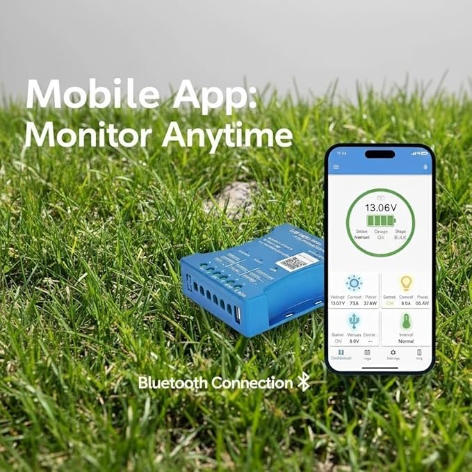 10A Bluetooth Solar Charger Controller 12V/24V Intelligent Regulator Solar Panel Battery Charging Statistics Pwm with USB Port 12V24V Lead-Acid/Lithium Battery
