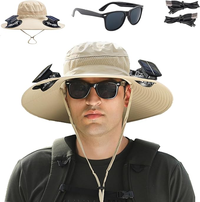Fishing Hats with Sunglasses, Wide Brim Sun Hat with 2 Solar Fan, USB & Solar Powered Fishing Hats, Solar Fan Hats UPF 50+