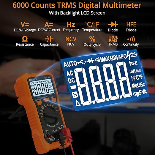 Neoteck 6000 Counts Digital Multimeter with NCV and TRMS Auto Range Multimeter for AC/DC Voltage&Current,Resistance,Capacitance,Frequency,Temperature,Duty Ratio,Continuity Voltmeter for Car Circuit