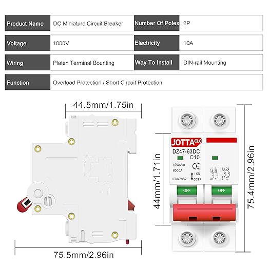 JOTTAELE Solar Panels Disconnect Switch,Miniature DC Circuit Breaker 2 Pole 1000V 10 Amp Isolator for Solar PV System, Thermal Magnetic Trip, DIN Rail Mount (DC 2P 10A 2PCS)