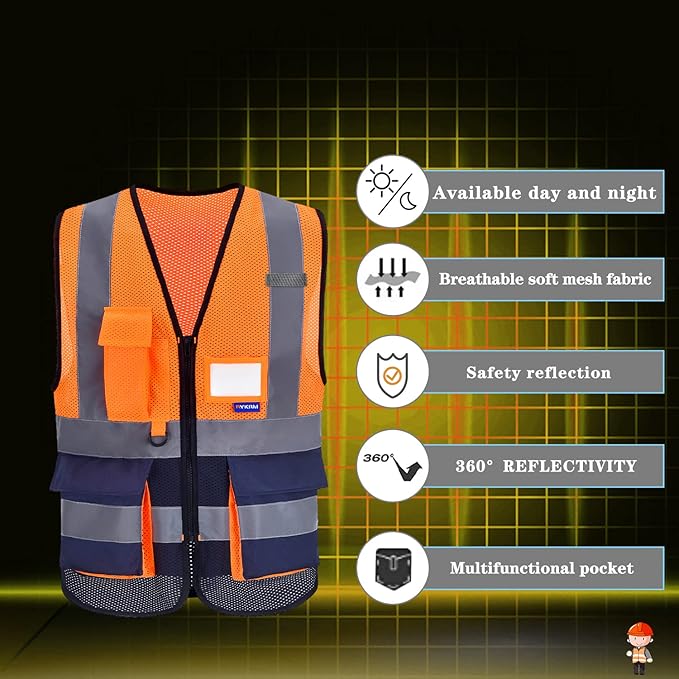 A-SAFETY High visibility vest,Reflective Safety Vest Workwear 7 Pockets Hi Vis Durable Vest with Reflective Tapes 4 Lower Pockets,Orange&Navy M