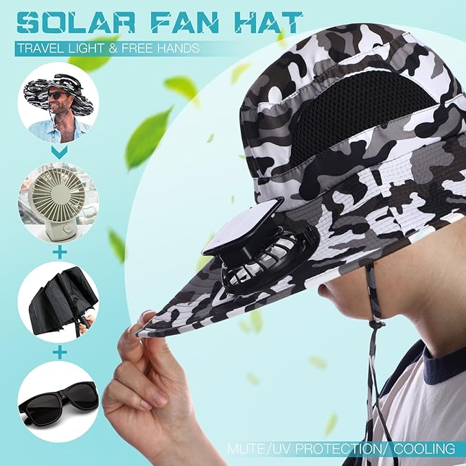 Berlune Men Sun Hat with 2 Solar Fans Wide Brim Outdoor Fishing Hat USB & Solar Powered for Sun Protection Camping Hiking