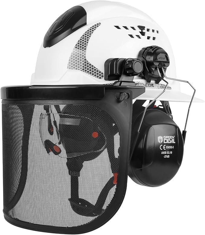 GREEN DEVIL Industrial Chainsaw Helmet with Face Shield Built in Visor and Ear Muffs 4 in 1 System ANSI Z89.1 Safety Hard Hat Adjustable Headgear Ideal for Forestry and Arborist Work Full Brim Style