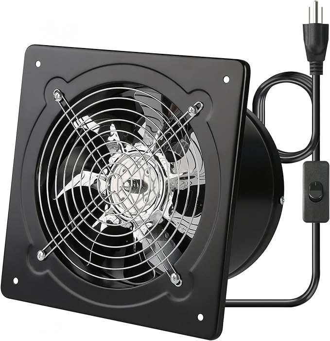 8 Inch Exhaust Fan Metal Ventilation Fan With Switch Window And Wall Mounted Extractor Warehouse Fan With Check Valve For Kitchen, Attic, Garage(Black)