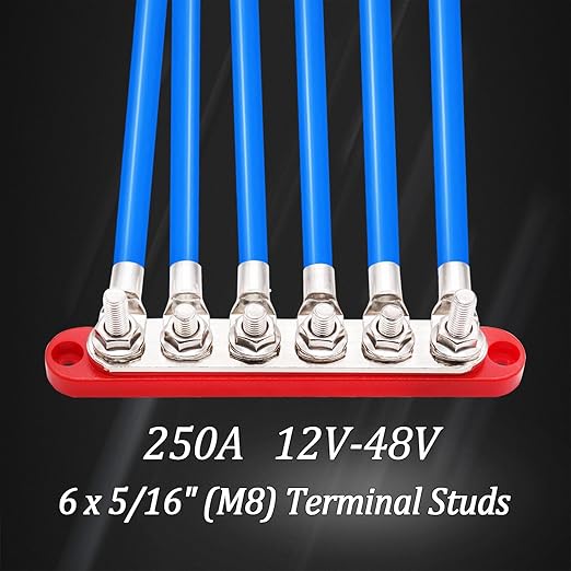 250A Bus Bar 12V Marine 6 x 5/16" (M8) Terminal Studs 12V-48V Power Distribution Block with Cover,with 6PCS Battery Lugs and 6PCS Heat Shrink Tubing Busbar for Boat Automotive Car