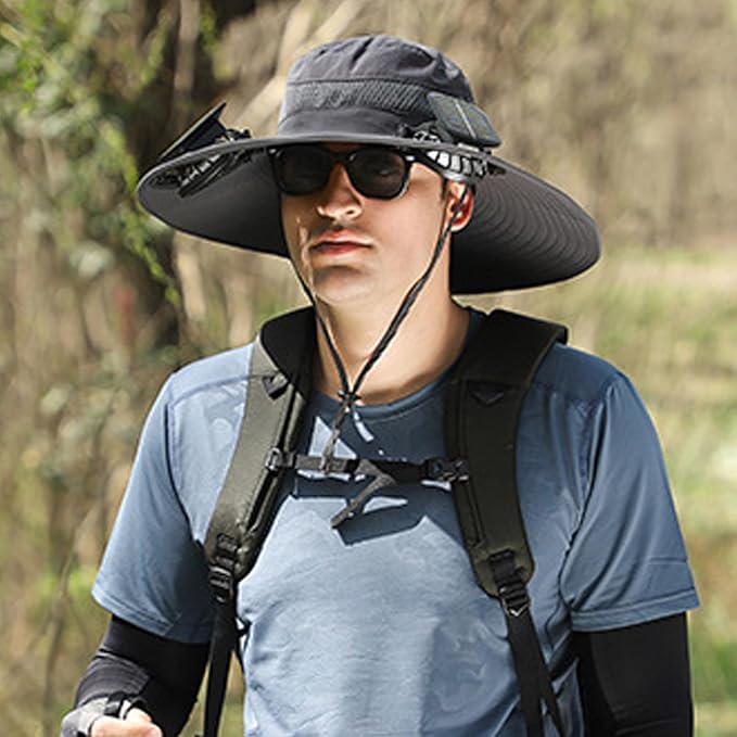Men's Wide Brim Solar Fan Outdoor Fishing Hat in Grey - includes 2 Solar Fans, Medium, Black