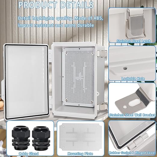 Zulkit Junction Box,IP67 Waterproof Electrical Box Hinged Cover Stainless Steel Latch Plastic Enclosure for Project w Mounting Plate Wall Bracket and 2 Cable Gland Grey 11"x7.5"x5.5"/280x190x140mm