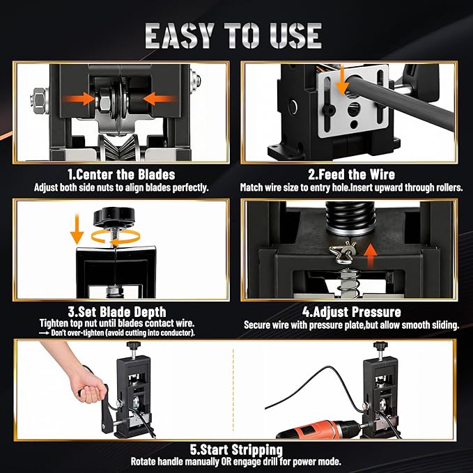Wire Stripper Machine, 2-in-1 Drill-Powered & Hand Crank Manual Wire Stripping Tool, Alloy Cable Peeler for 1-16mm (0.06"-0.62") Scrap Copper Recycling, W/Replaceable Blades & Toolkit (Black)