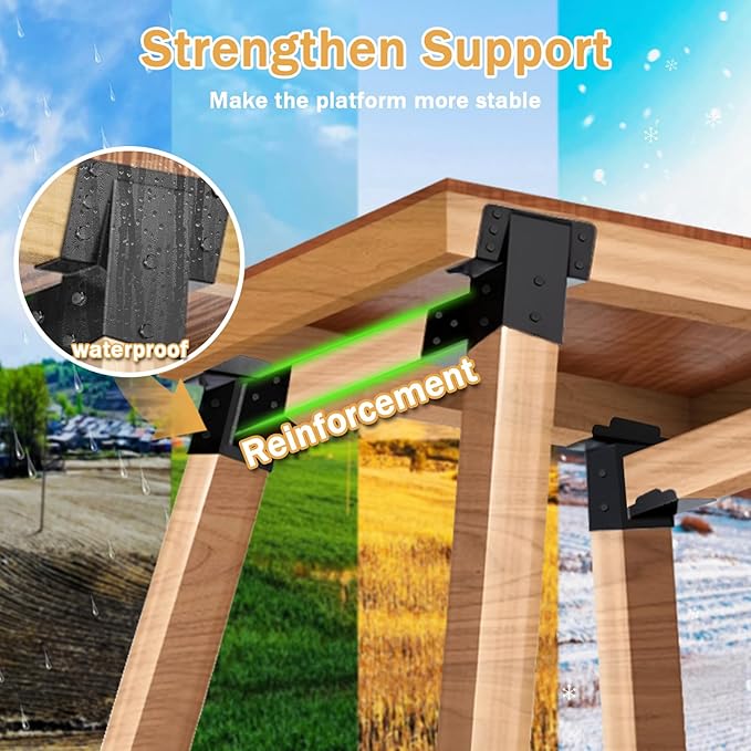 4 Pcs Deer Stand Brackets 4x4 (Strengthen Support, Easy Installation), Outdoor Angle Brackets with Powder-Coated for Deer Stand, Tree House, Shooting Shack & Outdoor Platforms