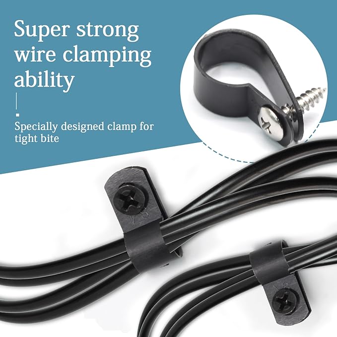 50 Pcs 5/8 Inch Black Nylon Screw Mounting R-type Cable Clip Wire Clamp, 16mm Cable Clip Wire Clamp for Wire Management, Stainless Steel Screws Included